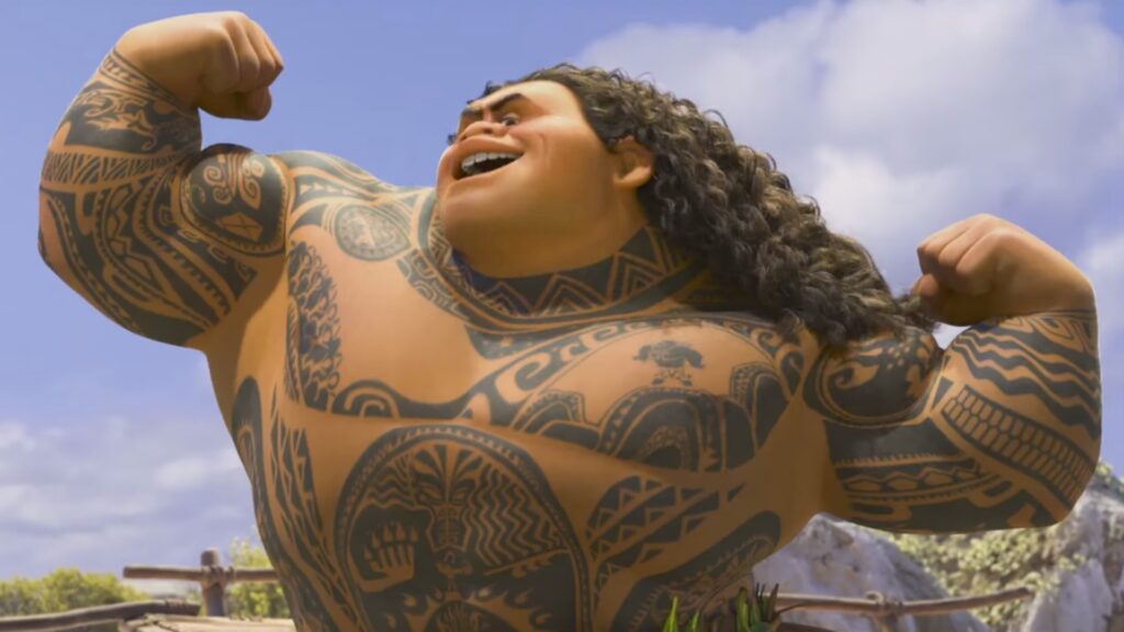 maui flexing his muscles and showing off his tattoos