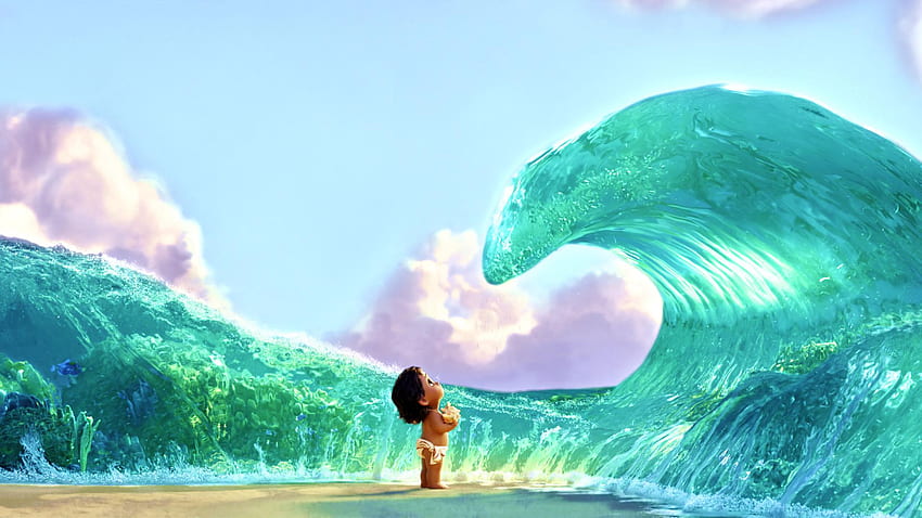 little moana looking up at the ocean wave over her head 